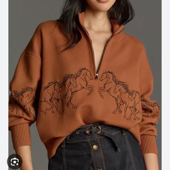 Anthropologie Montana Horses Mock-Neck Half-Zip Sweater Bronze M - Picture 7 of 8